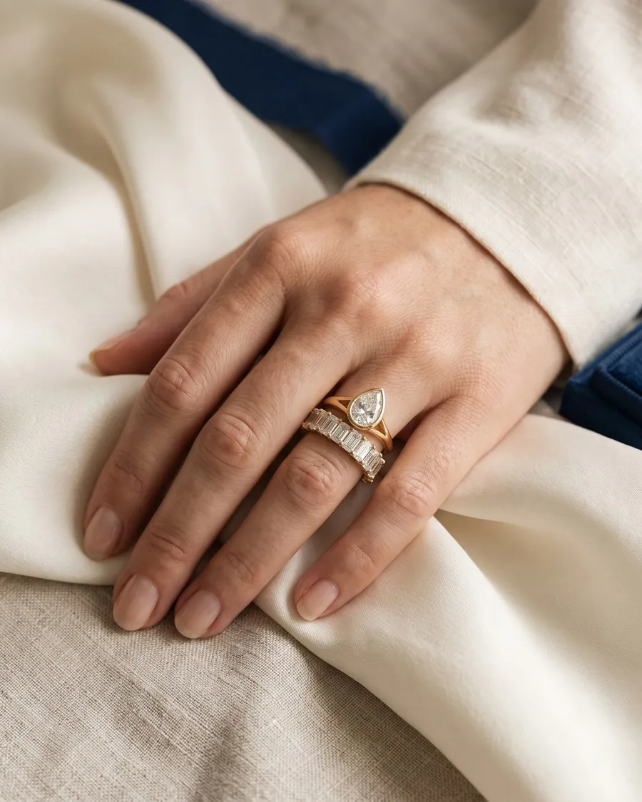 A hand wearing a pear bezel engagement ring with an eternity band as a set