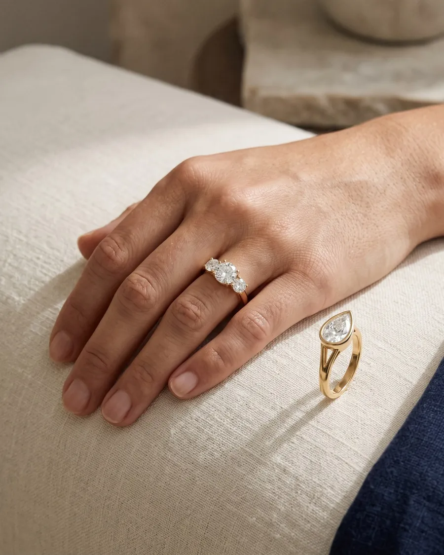 A hand wearing an Aaryam three-stone ring, with a pear bezel ring resting on linen beside it