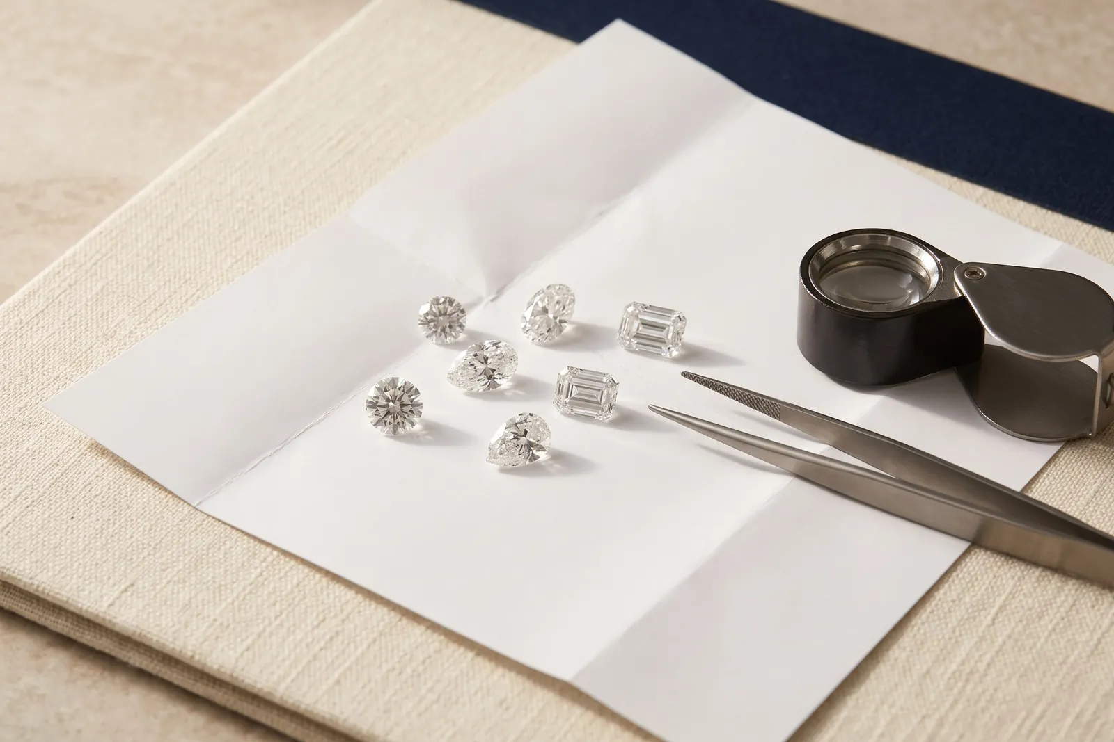 Loose lab-grown diamonds in round, oval, pear and emerald cuts on white paper, with tweezers and a loupe