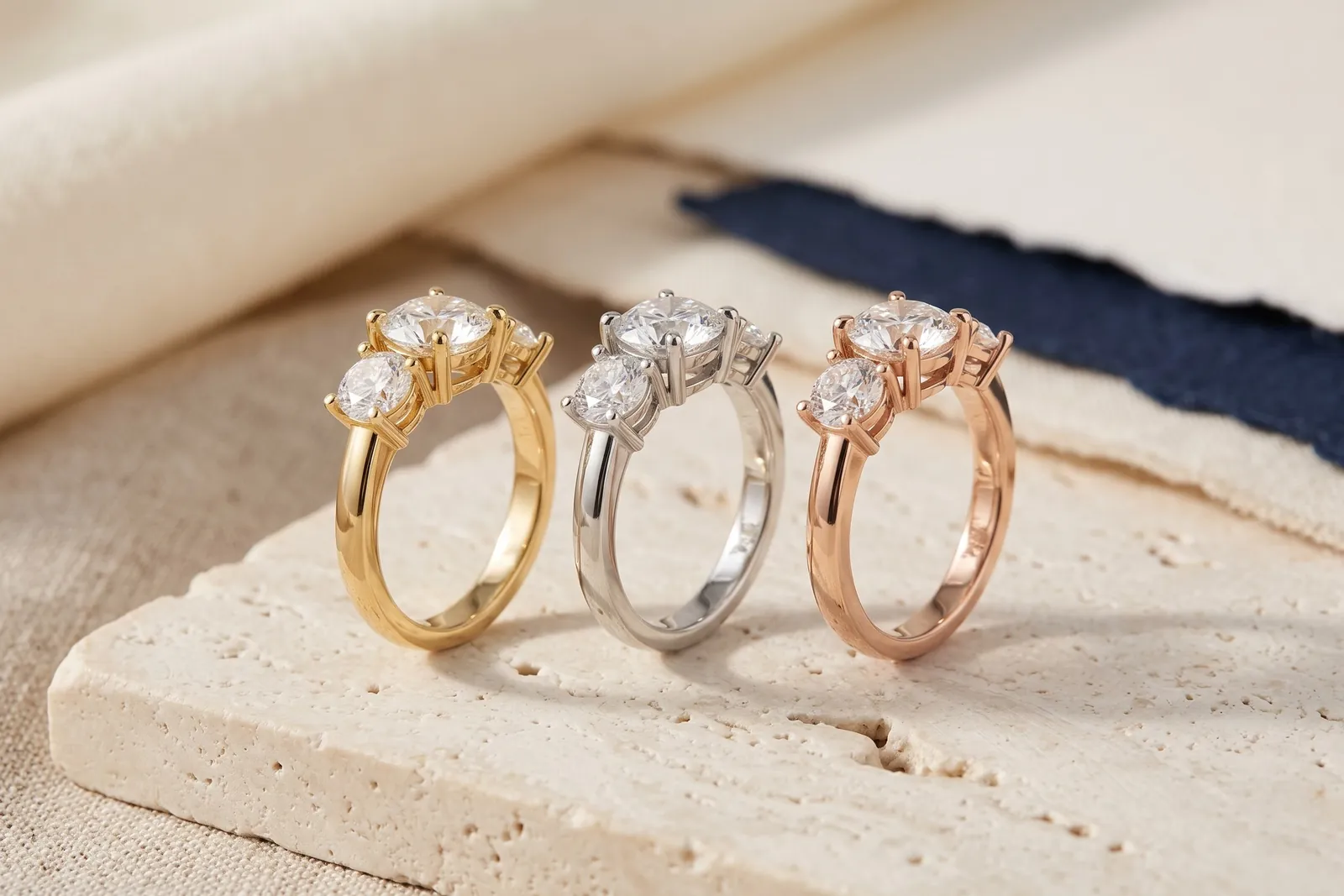 The same three-stone ring in yellow, white and rose gold, standing on pale stone